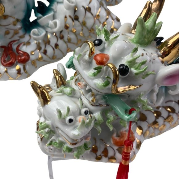 Vintage Porcelain Foo Dogs Asian Temple Guardian Lion Teal w/ Gold Tone Accents - Picture 3 of 7